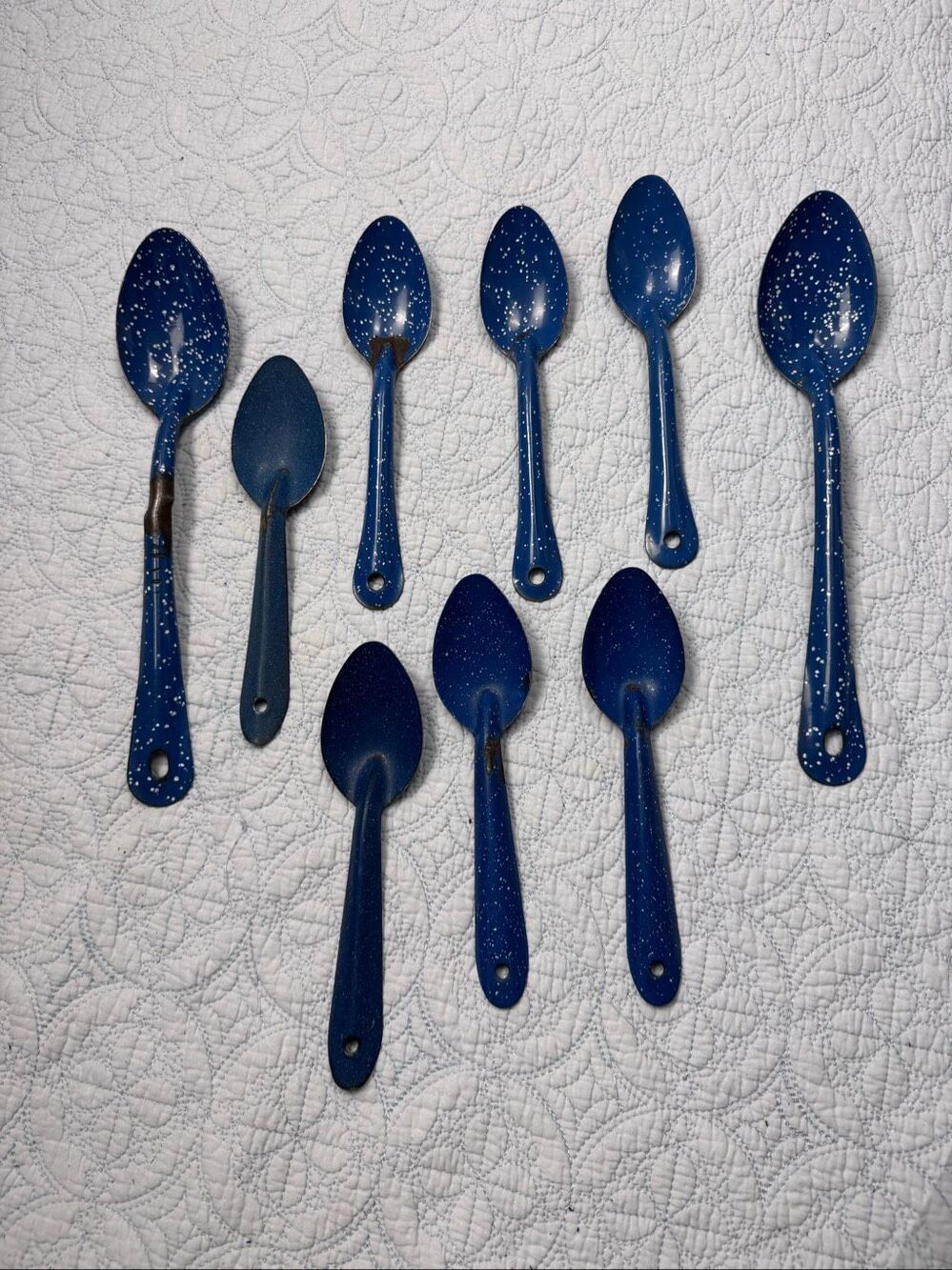 Vintage Blue and White Speckled Enamelware/Graniteware Spoons - Set of 9